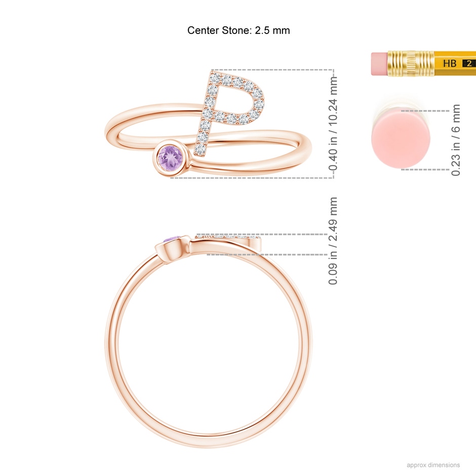 2.5mm A Capital "P" Diamond Initial Ring with Bezel-Set Amethyst in Rose Gold ruler