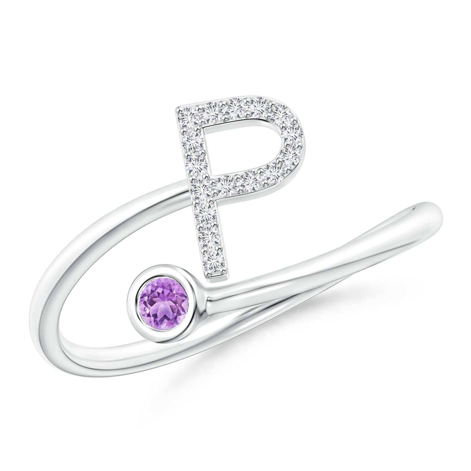 2.5mm AAA Capital "P" Diamond Initial Ring with Bezel-Set Amethyst in 18K White Gold