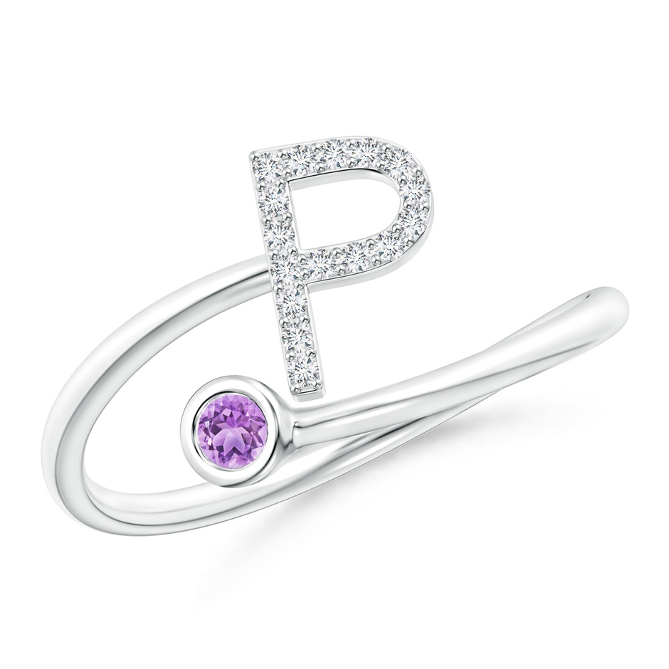 2.5mm AAA Capital "P" Diamond Initial Ring with Bezel-Set Amethyst in White Gold 