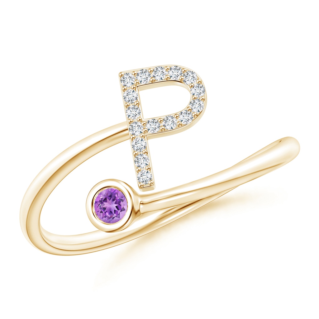 2.5mm AAAA Capital "P" Diamond Initial Ring with Bezel-Set Amethyst in Yellow Gold