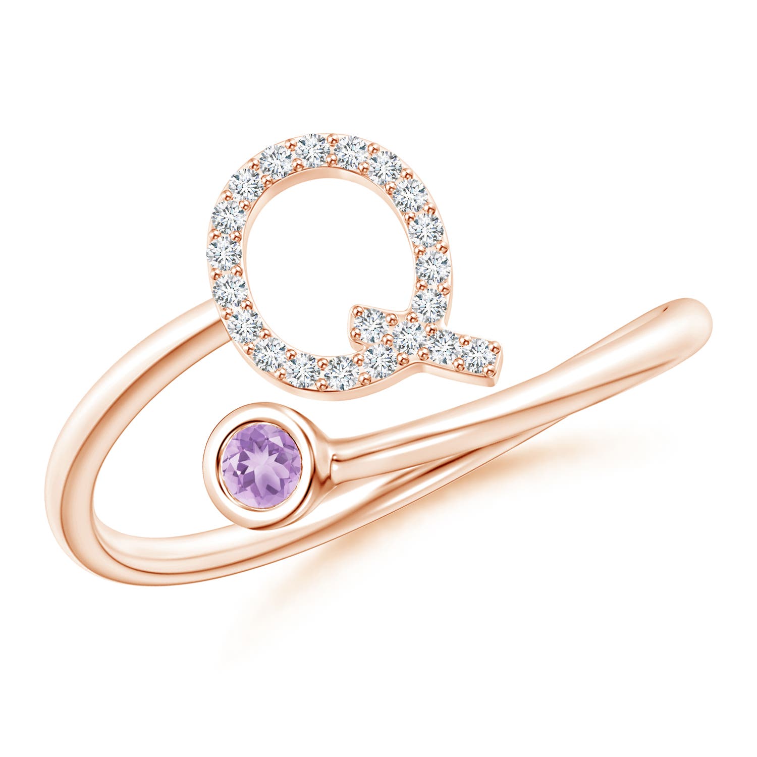 2.5mm A Capital "Q" Diamond Initial Ring with Bezel-Set Amethyst in Rose Gold