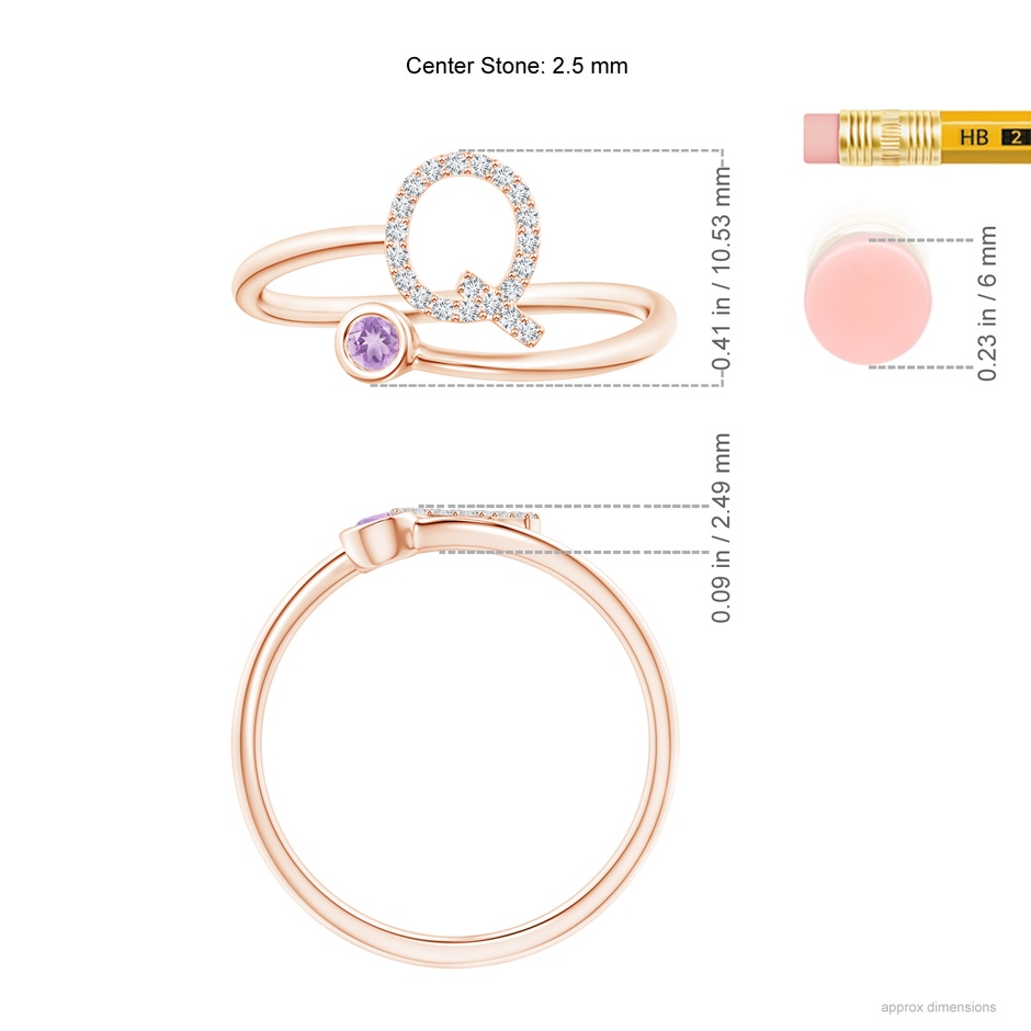2.5mm A Capital "Q" Diamond Initial Ring with Bezel-Set Amethyst in Rose Gold ruler