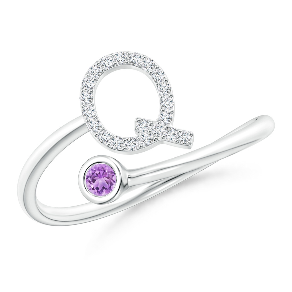 2.5mm AAA Capital "Q" Diamond Initial Ring with Bezel-Set Amethyst in White Gold