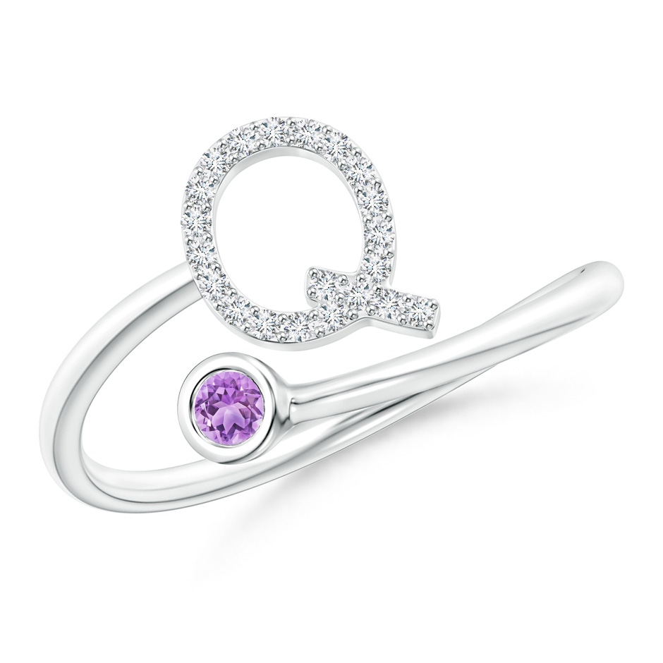 2.5mm AAA Capital "Q" Diamond Initial Ring with Bezel-Set Amethyst in White Gold 