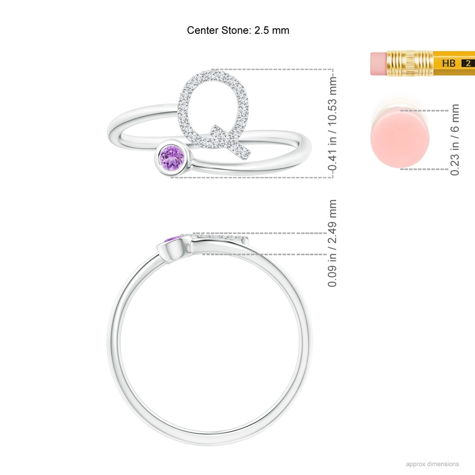 2.5mm AAA Capital "Q" Diamond Initial Ring with Bezel-Set Amethyst in White Gold ruler