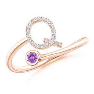 2.5mm AAAA Capital "Q" Diamond Initial Ring with Bezel-Set Amethyst in Rose Gold