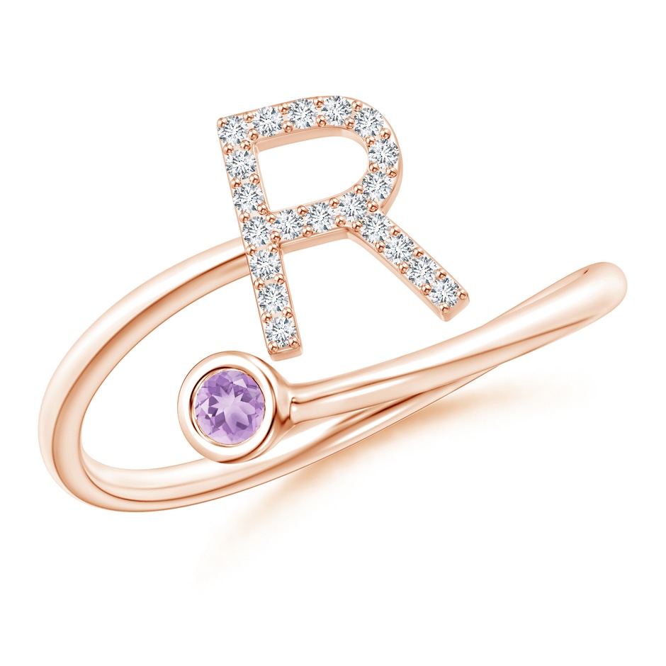 2.5mm A Capital "R" Diamond Initial Ring with Bezel-Set Amethyst in Rose Gold 