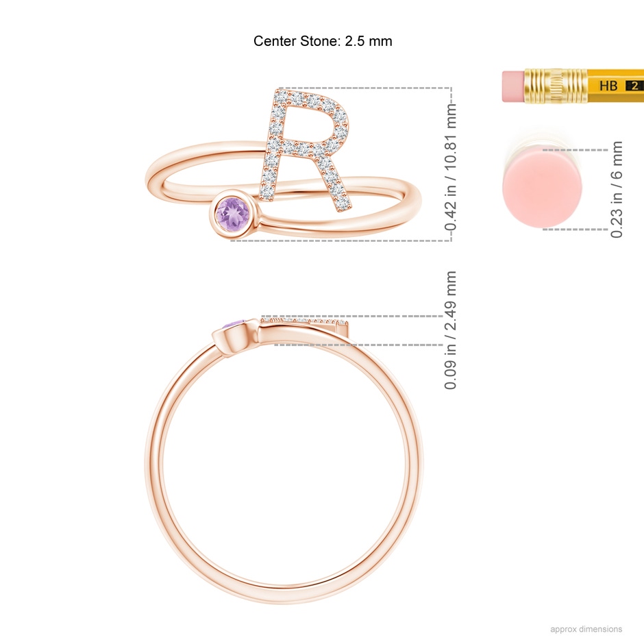 2.5mm A Capital "R" Diamond Initial Ring with Bezel-Set Amethyst in Rose Gold ruler