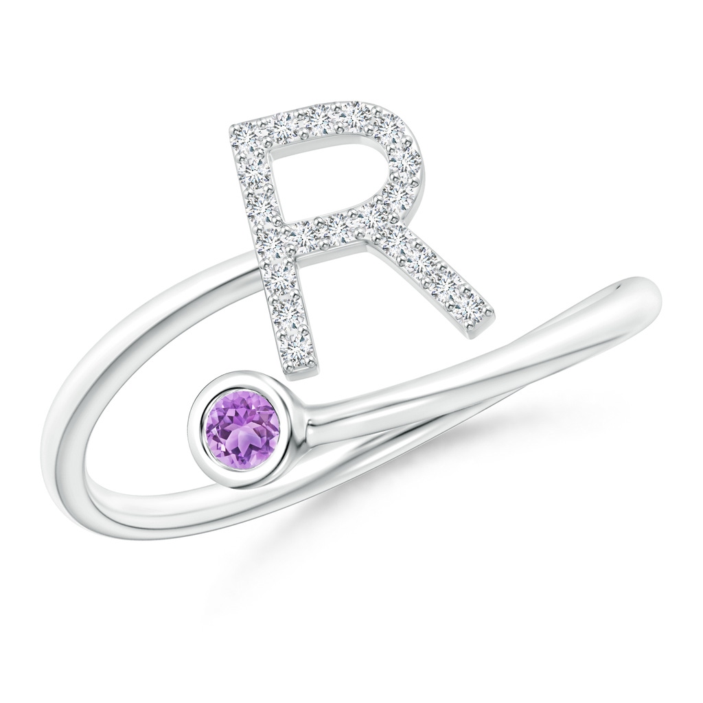 2.5mm AAA Capital "R" Diamond Initial Ring with Bezel-Set Amethyst in White Gold