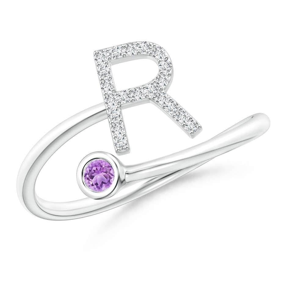 2.5mm AAA Capital "R" Diamond Initial Ring with Bezel-Set Amethyst in White Gold 