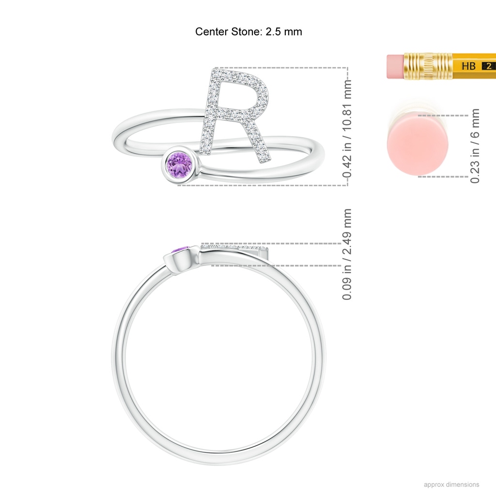 2.5mm AAA Capital "R" Diamond Initial Ring with Bezel-Set Amethyst in White Gold Ruler