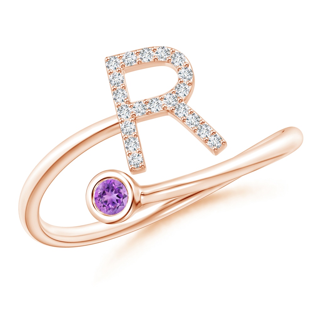 2.5mm AAAA Capital "R" Diamond Initial Ring with Bezel-Set Amethyst in Rose Gold