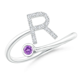 2.5mm AAAA Capital "R" Diamond Initial Ring with Bezel-Set Amethyst in White Gold
