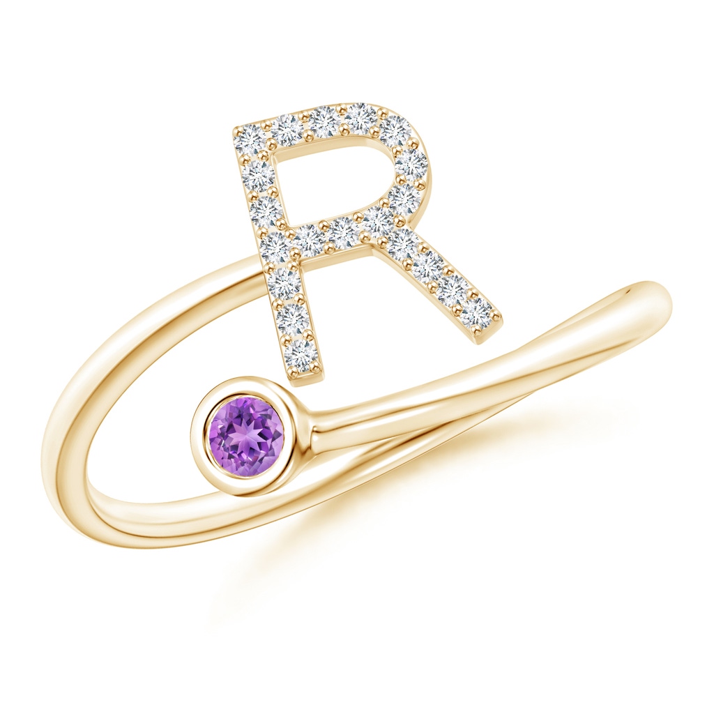 2.5mm AAAA Capital "R" Diamond Initial Ring with Bezel-Set Amethyst in Yellow Gold