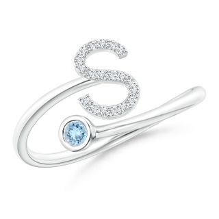 2.5mm AAA Capital "S" Diamond Initial Ring with Bezel-Set Aquamarine in White Gold