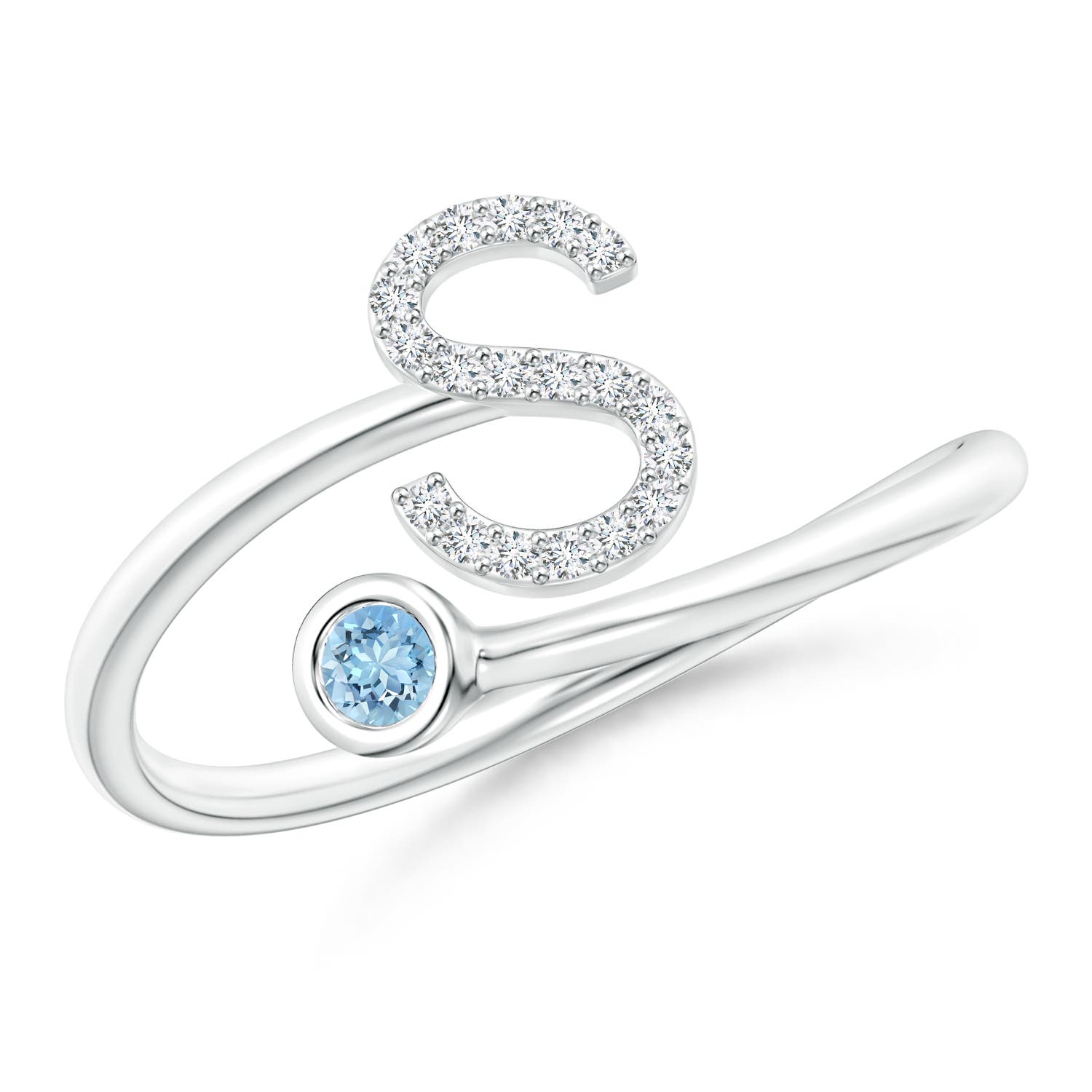 2.5mm AAAA Capital "S" Diamond Initial Ring with Bezel-Set Aquamarine in 18K White Gold