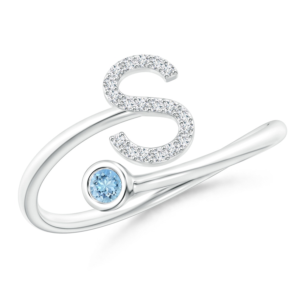 2.5mm AAAA Capital "S" Diamond Initial Ring with Bezel-Set Aquamarine in White Gold