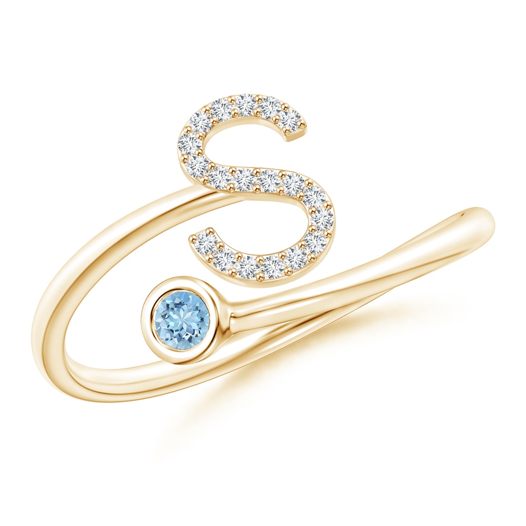 2.5mm AAAA Capital "S" Diamond Initial Ring with Bezel-Set Aquamarine in Yellow Gold