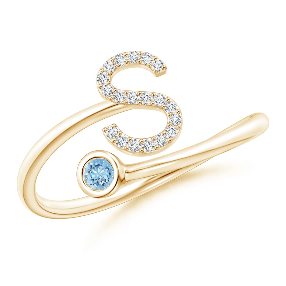 2.5mm AAAA Capital "S" Diamond Initial Ring with Bezel-Set Aquamarine in Yellow Gold 