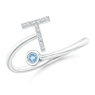 2.5mm AAA Capital "T" Diamond Initial Ring with Bezel-Set Aquamarine in White Gold