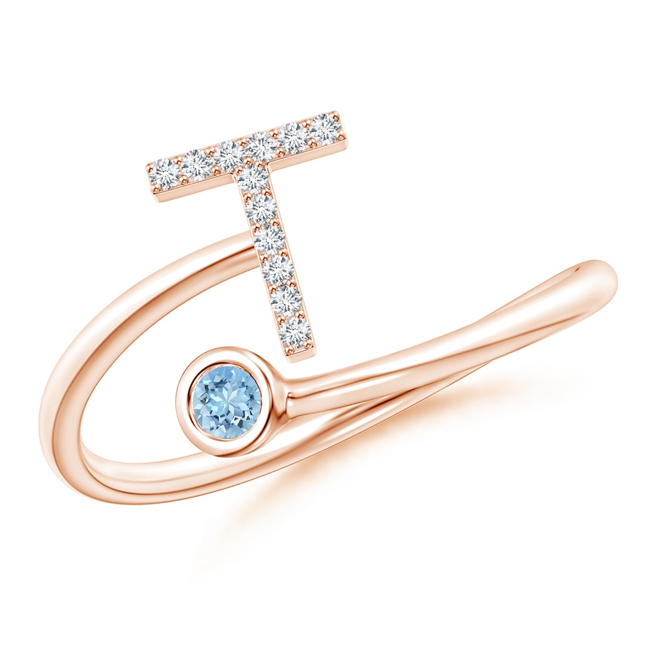 2.5mm AAAA Capital "T" Diamond Initial Ring with Bezel-Set Aquamarine in Rose Gold 