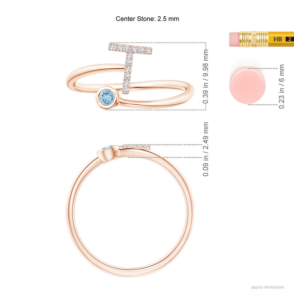 2.5mm AAAA Capital "T" Diamond Initial Ring with Bezel-Set Aquamarine in Rose Gold Ruler