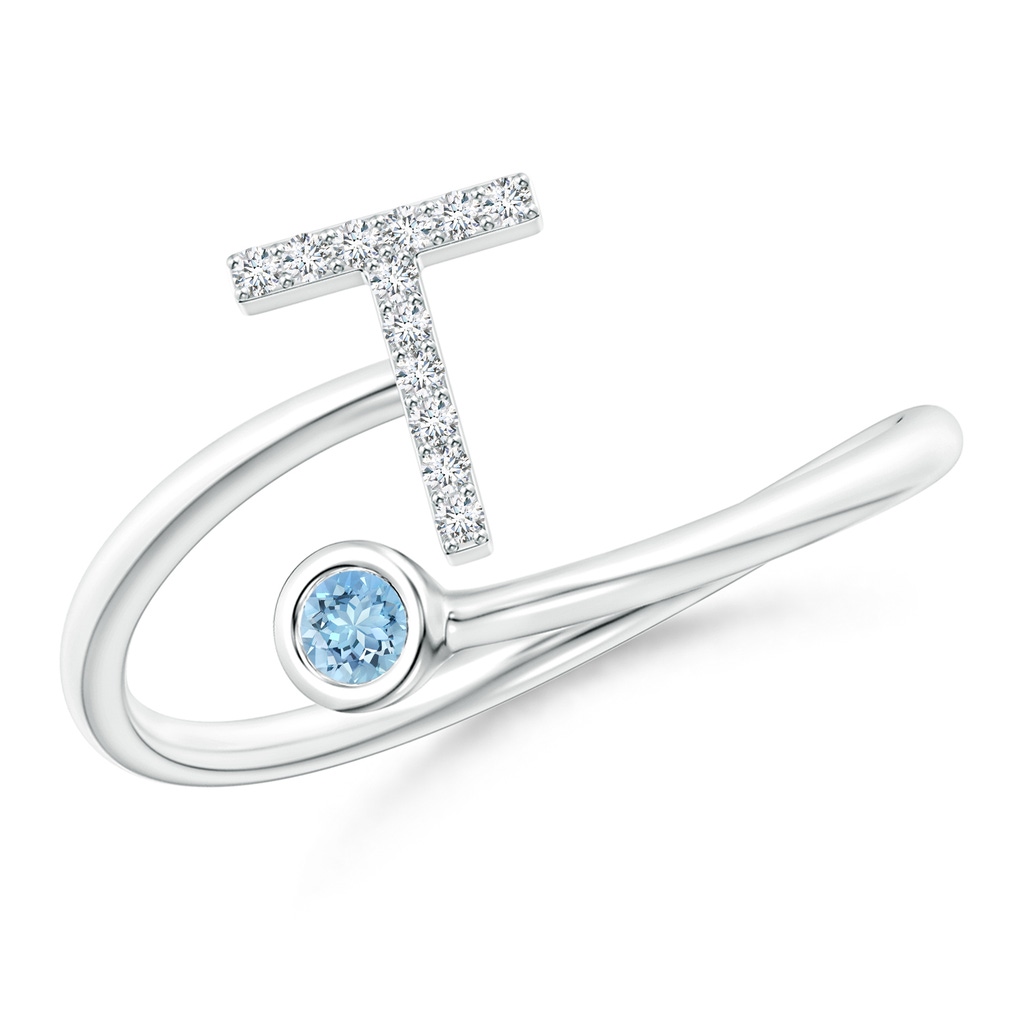 2.5mm AAAA Capital "T" Diamond Initial Ring with Bezel-Set Aquamarine in White Gold
