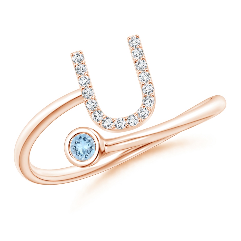 2.5mm AAA Capital "U" Diamond Initial Ring with Bezel-Set Aquamarine in Rose Gold 