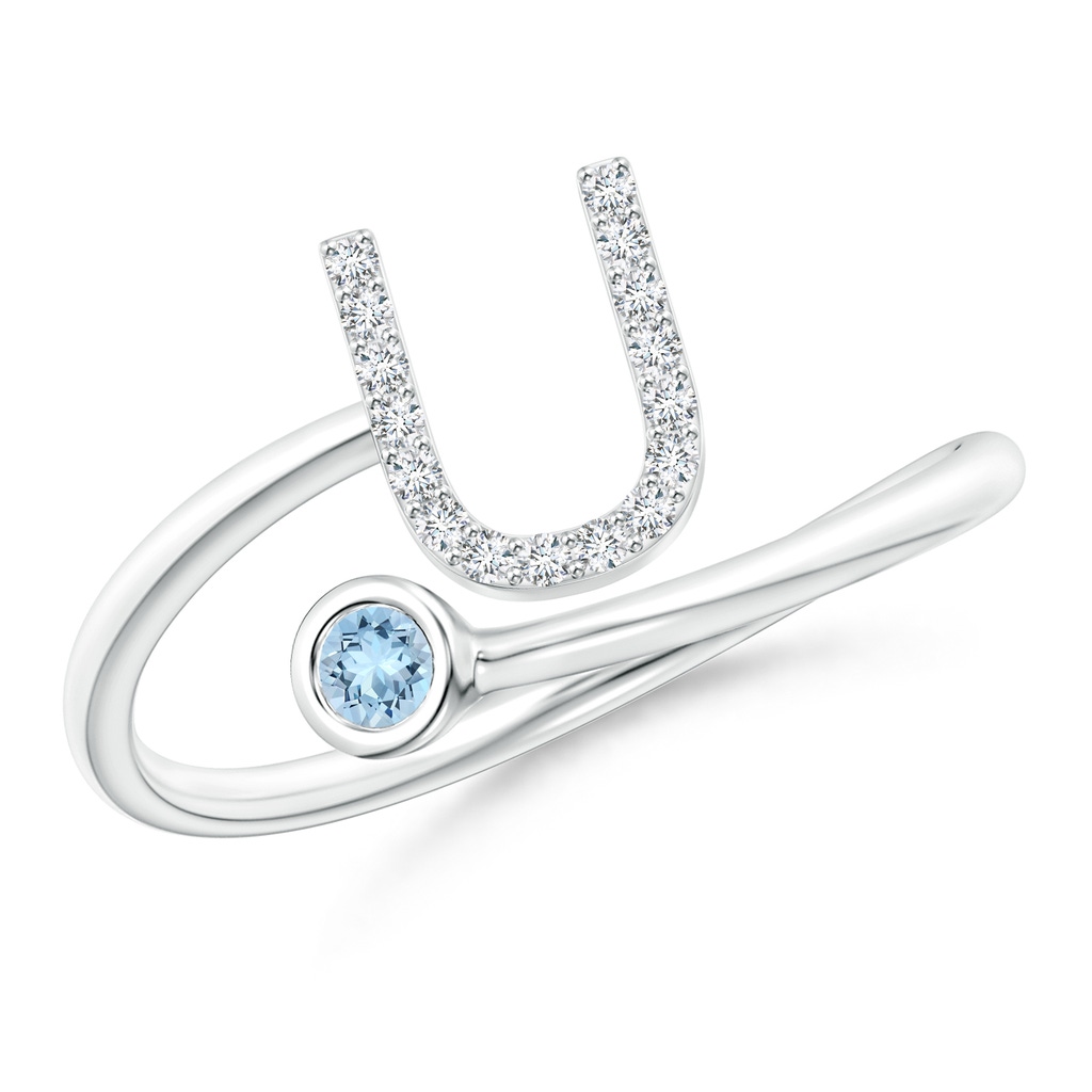 2.5mm AAA Capital "U" Diamond Initial Ring with Bezel-Set Aquamarine in White Gold