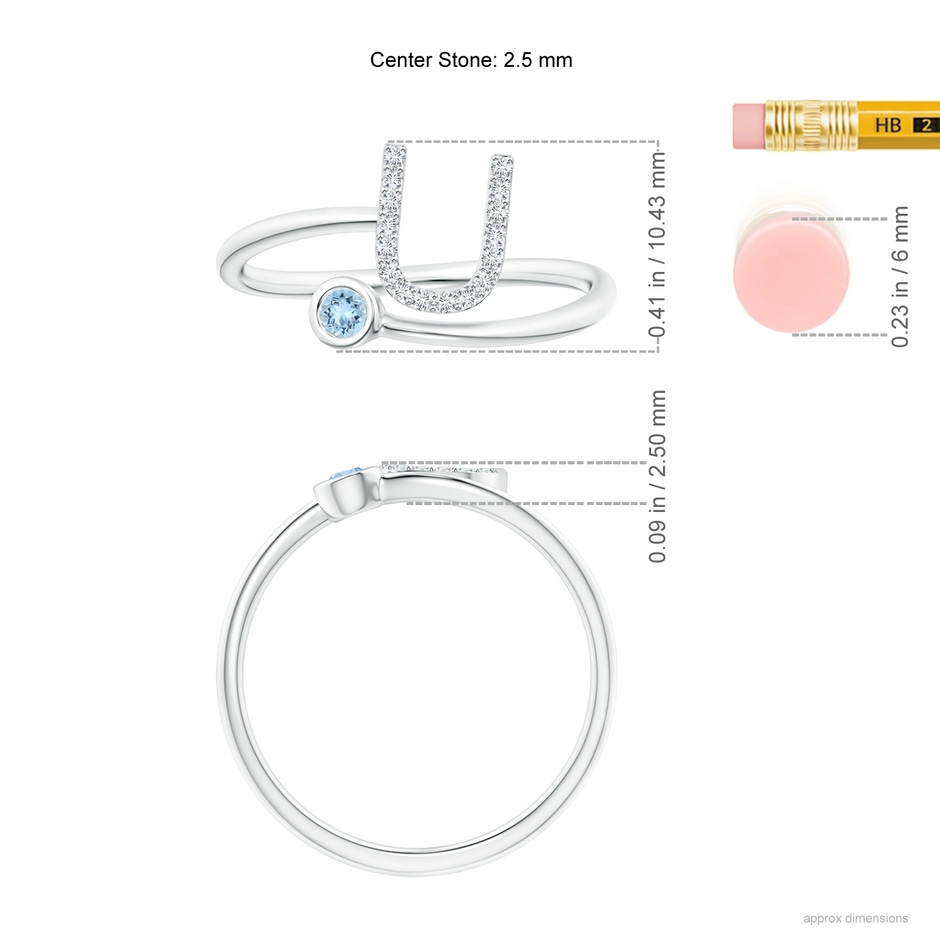 2.5mm AAA Capital "U" Diamond Initial Ring with Bezel-Set Aquamarine in White Gold ruler