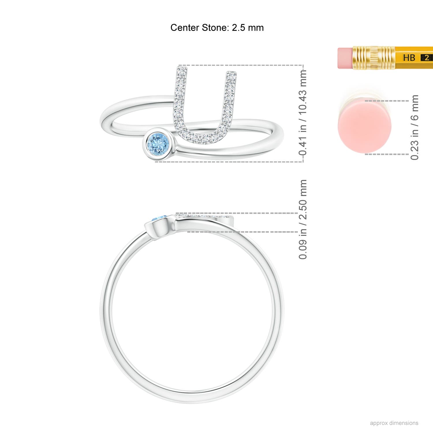 2.5mm AAAA Capital "U" Diamond Initial Ring with Bezel-Set Aquamarine in 18K White Gold - ruler