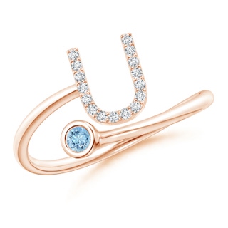 2.5mm AAAA Capital "U" Diamond Initial Ring with Bezel-Set Aquamarine in Rose Gold