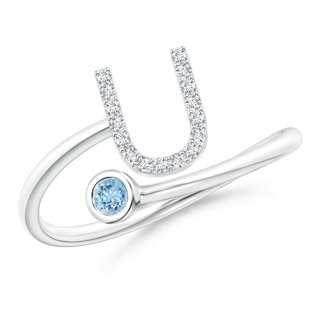 2.5mm AAAA Capital "U" Diamond Initial Ring with Bezel-Set Aquamarine in White Gold