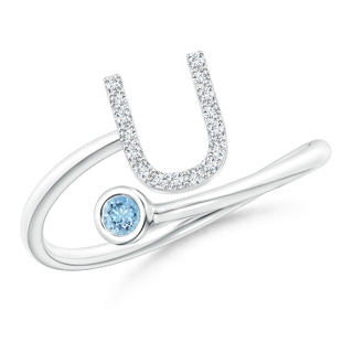 2.5mm AAAA Capital "U" Diamond Initial Ring with Bezel-Set Aquamarine in White Gold