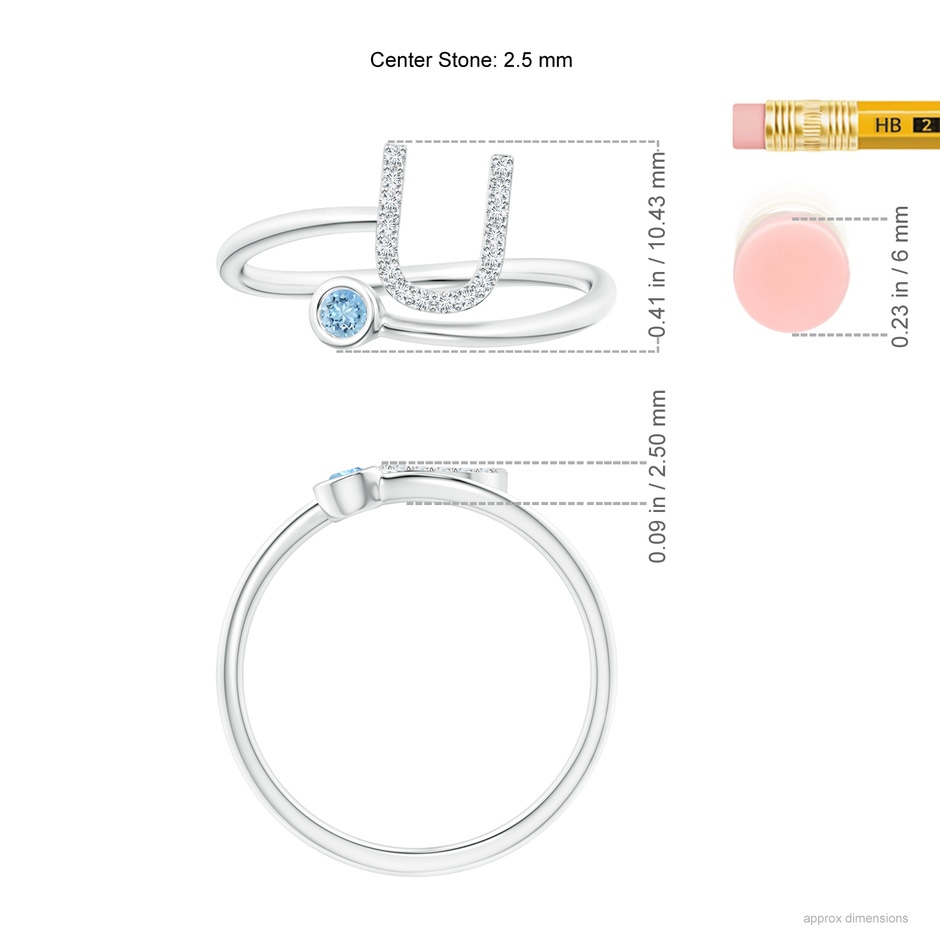 2.5mm AAAA Capital "U" Diamond Initial Ring with Bezel-Set Aquamarine in White Gold ruler