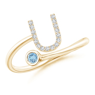 2.5mm AAAA Capital "U" Diamond Initial Ring with Bezel-Set Aquamarine in Yellow Gold