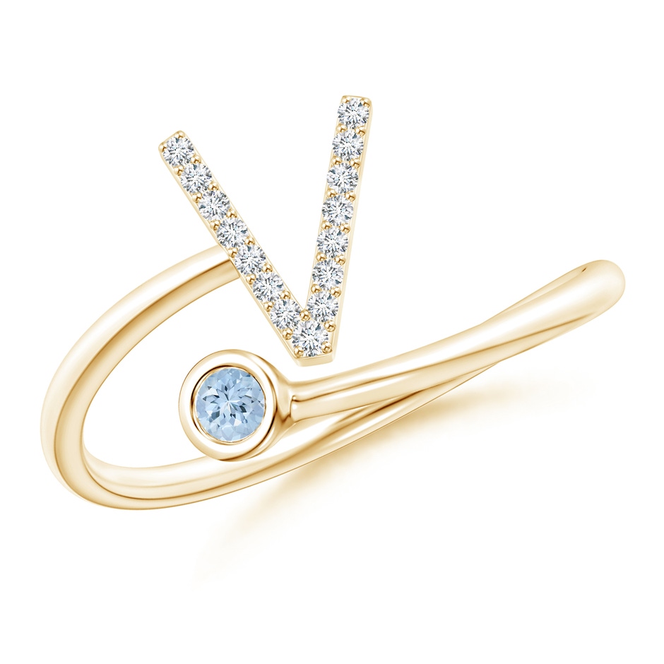 2.5mm AA Capital "V" Diamond Initial Ring with Bezel-Set Aquamarine in Yellow Gold 