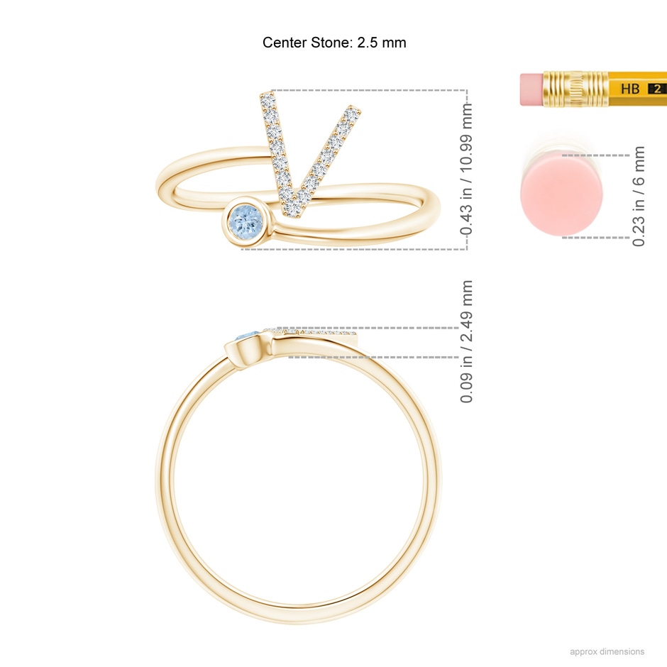 2.5mm AA Capital "V" Diamond Initial Ring with Bezel-Set Aquamarine in Yellow Gold ruler