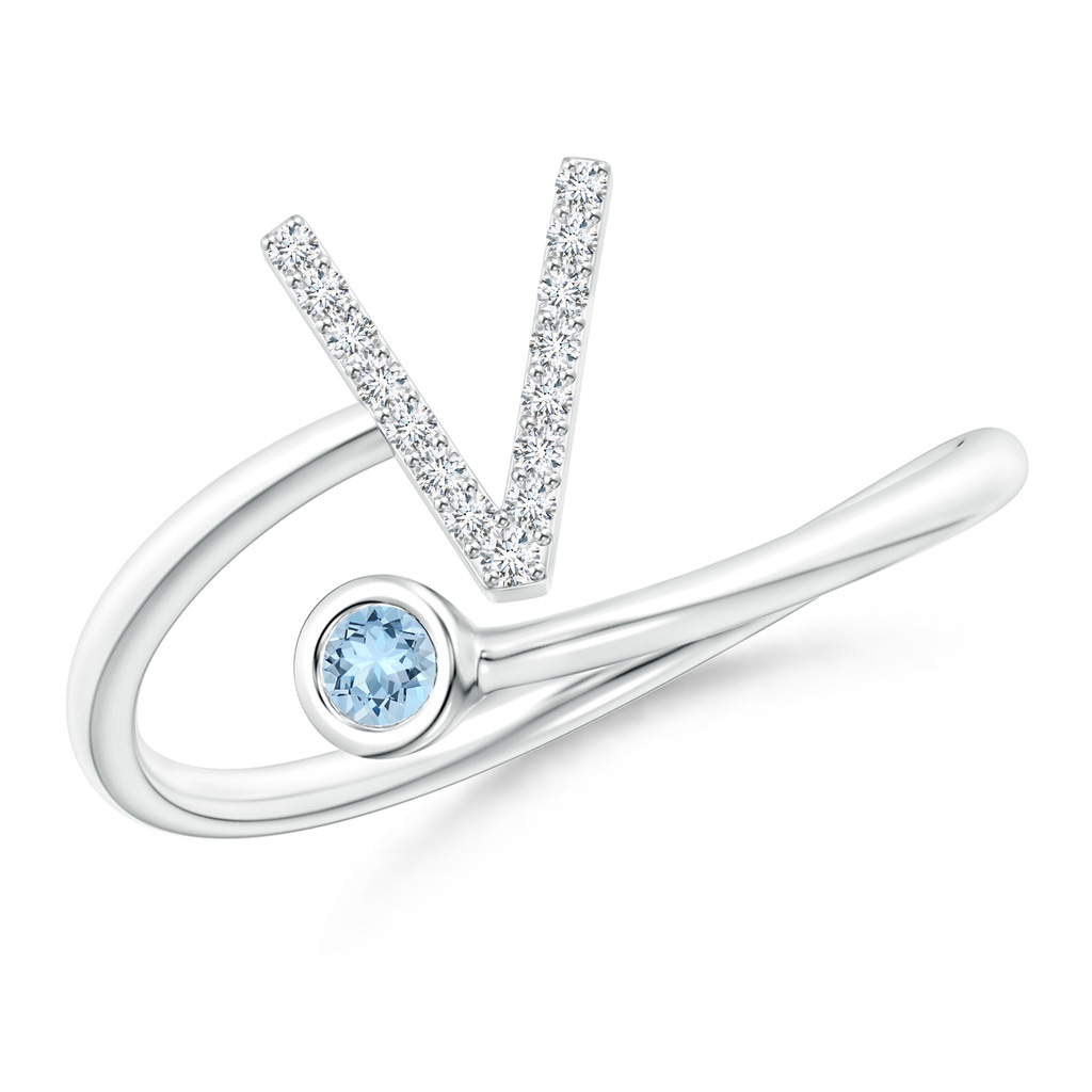 2.5mm AAA Capital "V" Diamond Initial Ring with Bezel-Set Aquamarine in White Gold