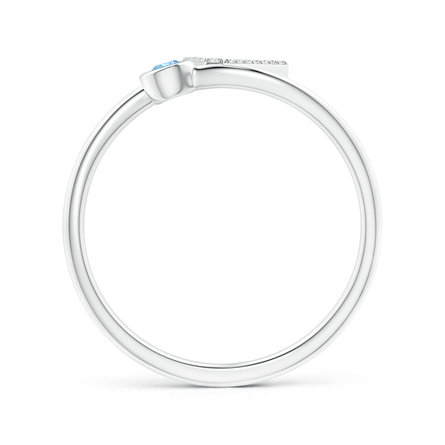 2.5mm AAAA Capital "V" Diamond Initial Ring with Bezel-Set Aquamarine in 18K White Gold - side 2