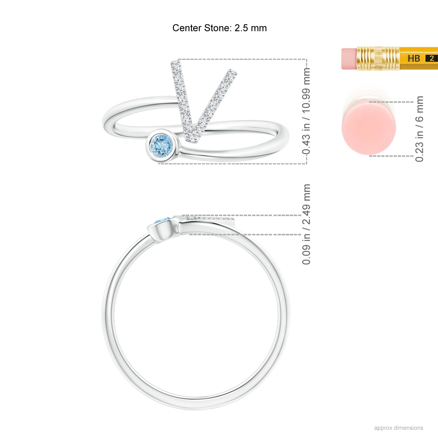 2.5mm AAAA Capital "V" Diamond Initial Ring with Bezel-Set Aquamarine in 18K White Gold - ruler