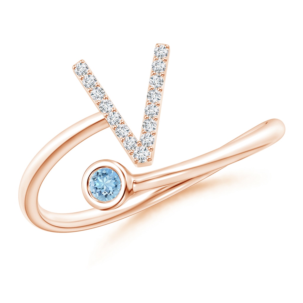 2.5mm AAAA Capital "V" Diamond Initial Ring with Bezel-Set Aquamarine in Rose Gold