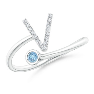 2.5mm AAAA Capital "V" Diamond Initial Ring with Bezel-Set Aquamarine in White Gold