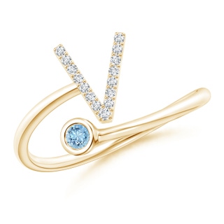 2.5mm AAAA Capital "V" Diamond Initial Ring with Bezel-Set Aquamarine in Yellow Gold