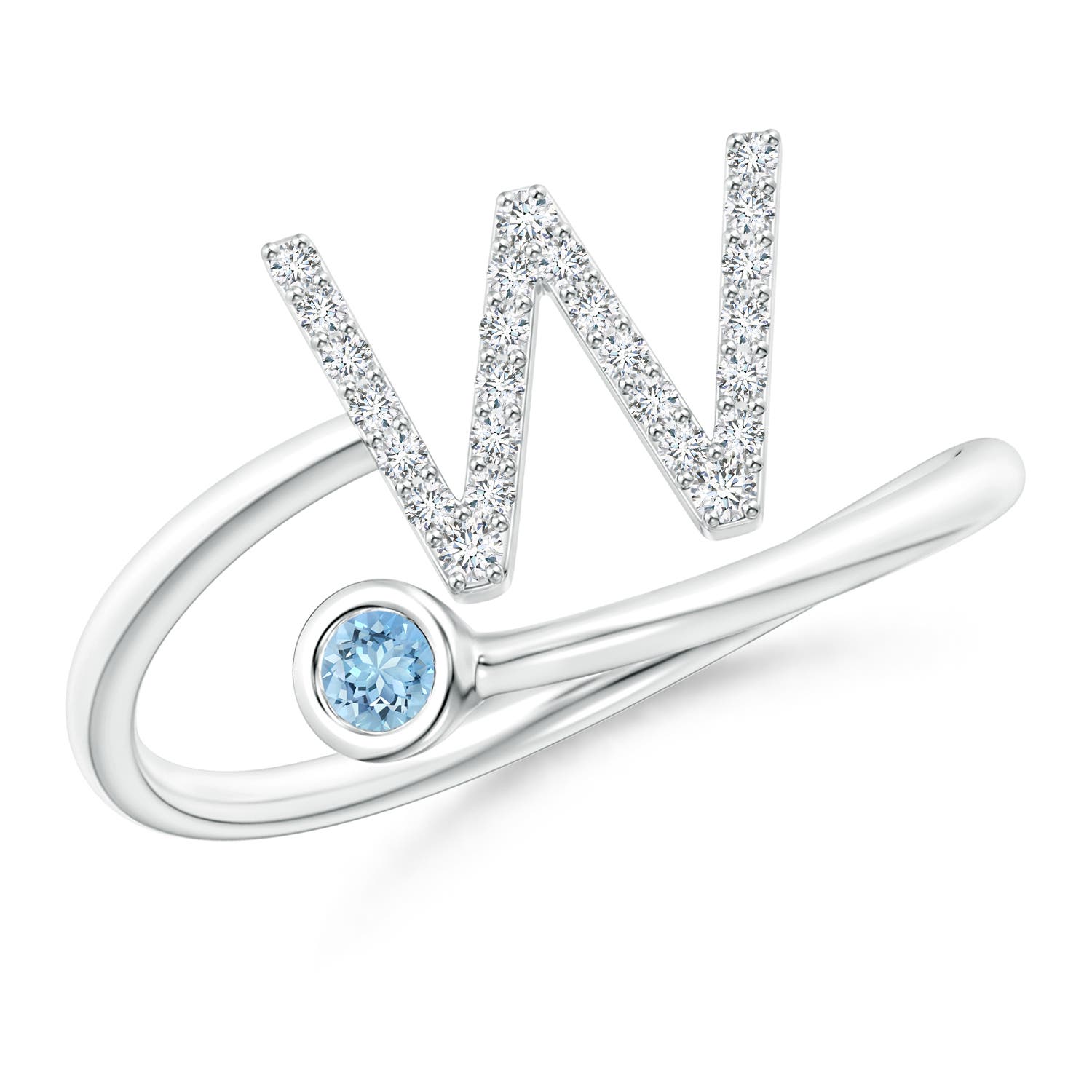 2.5mm AAAA Capital "W" Diamond Initial Ring with Bezel-Set Aquamarine in 18K White Gold