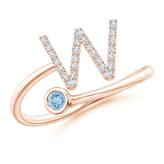 2.5mm AAAA Capital "W" Diamond Initial Ring with Bezel-Set Aquamarine in Rose Gold