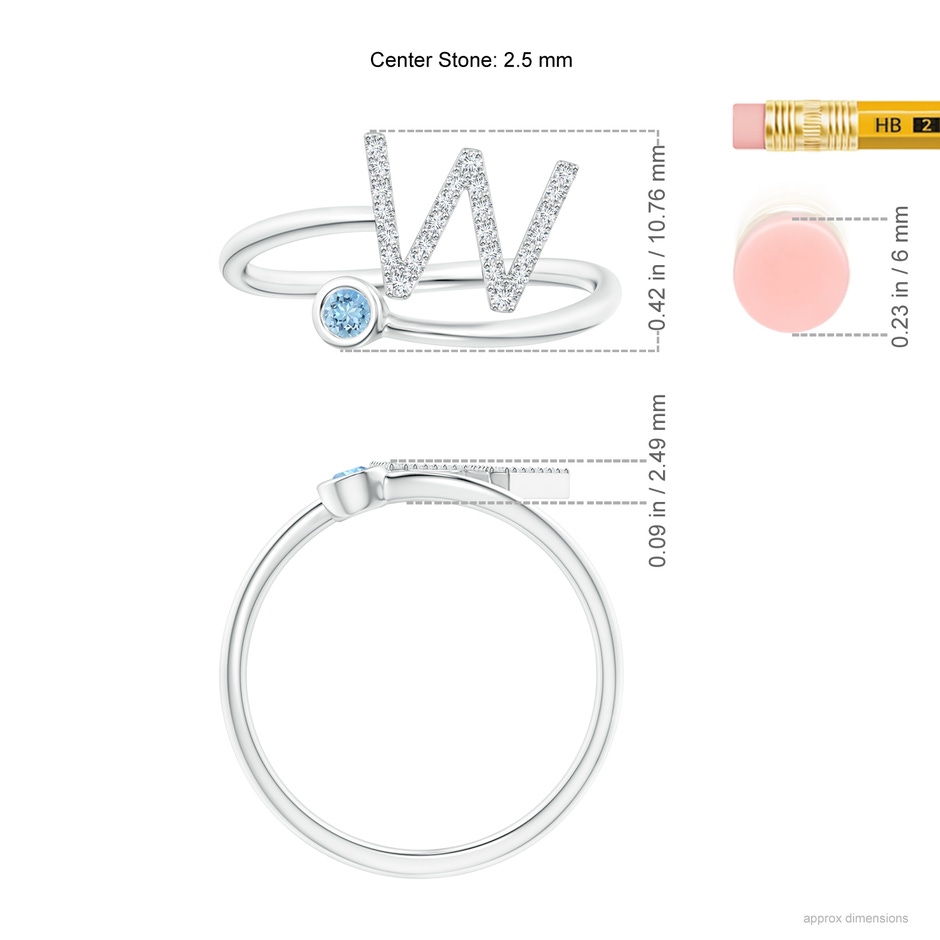 2.5mm AAAA Capital "W" Diamond Initial Ring with Bezel-Set Aquamarine in White Gold ruler