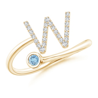 2.5mm AAAA Capital "W" Diamond Initial Ring with Bezel-Set Aquamarine in Yellow Gold