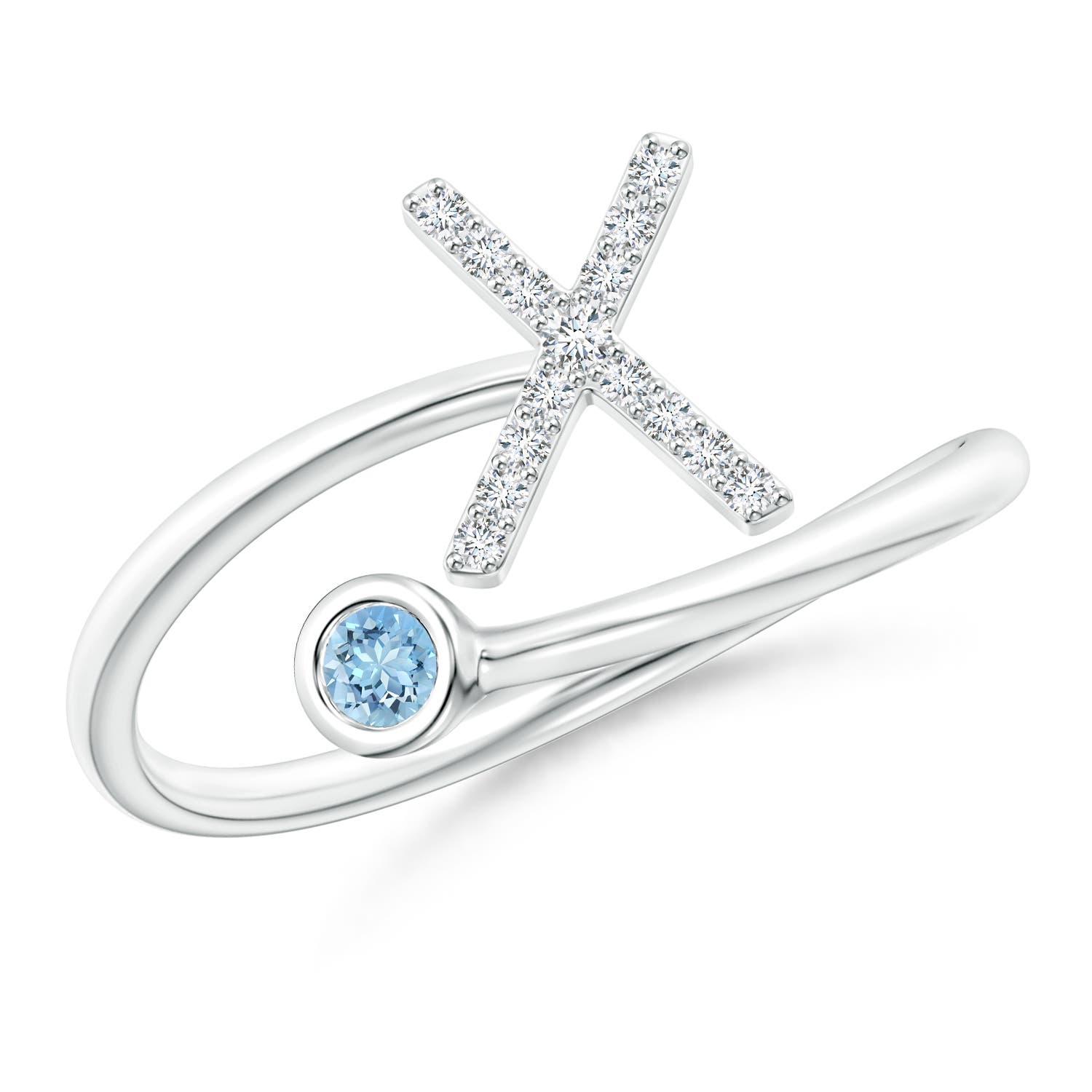 2.5mm AAAA Capital "X" Diamond Initial Ring with Bezel-Set Aquamarine in 18K White Gold