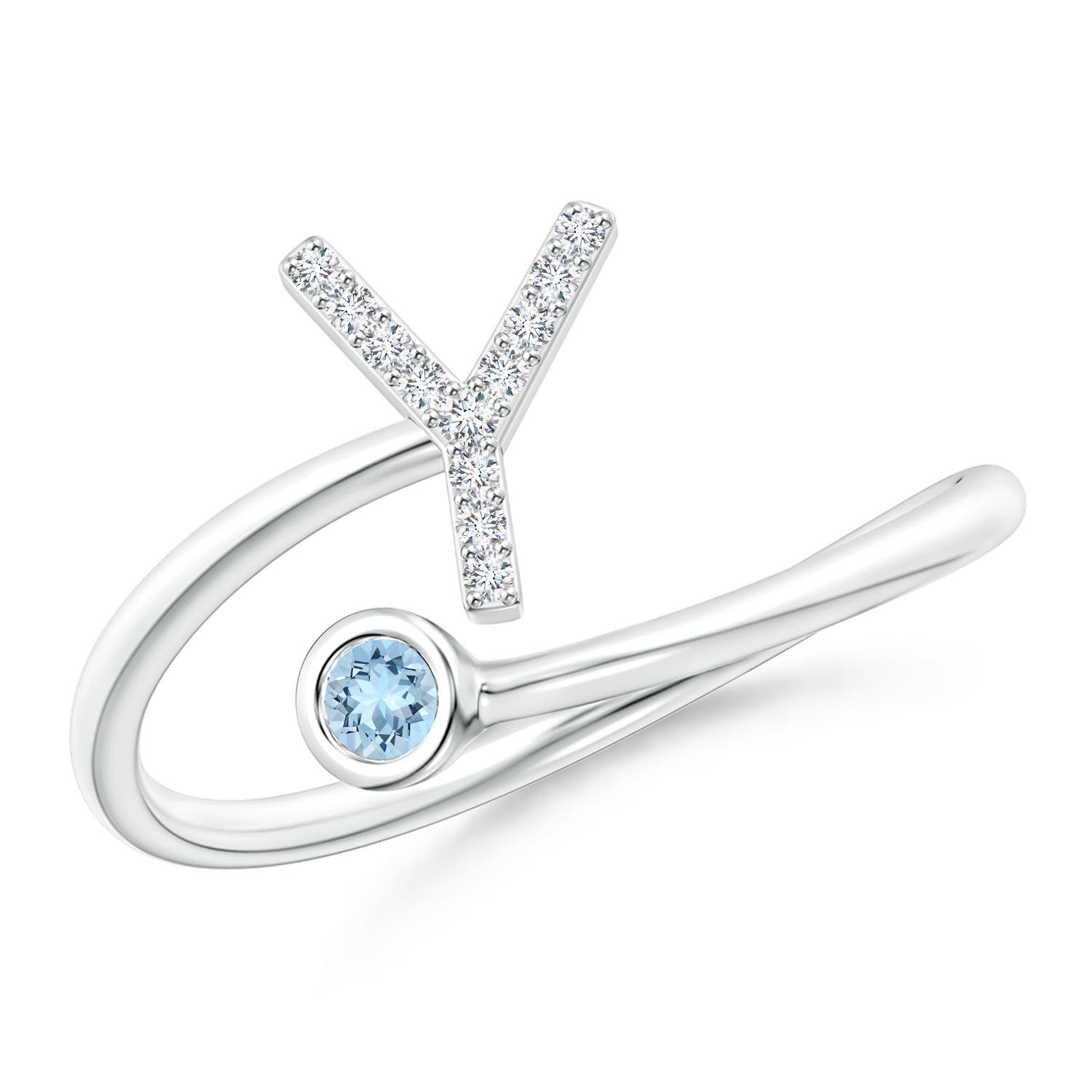 2.5mm AAA Capital "Y" Diamond Initial Ring with Bezel-Set Aquamarine in 18K White Gold